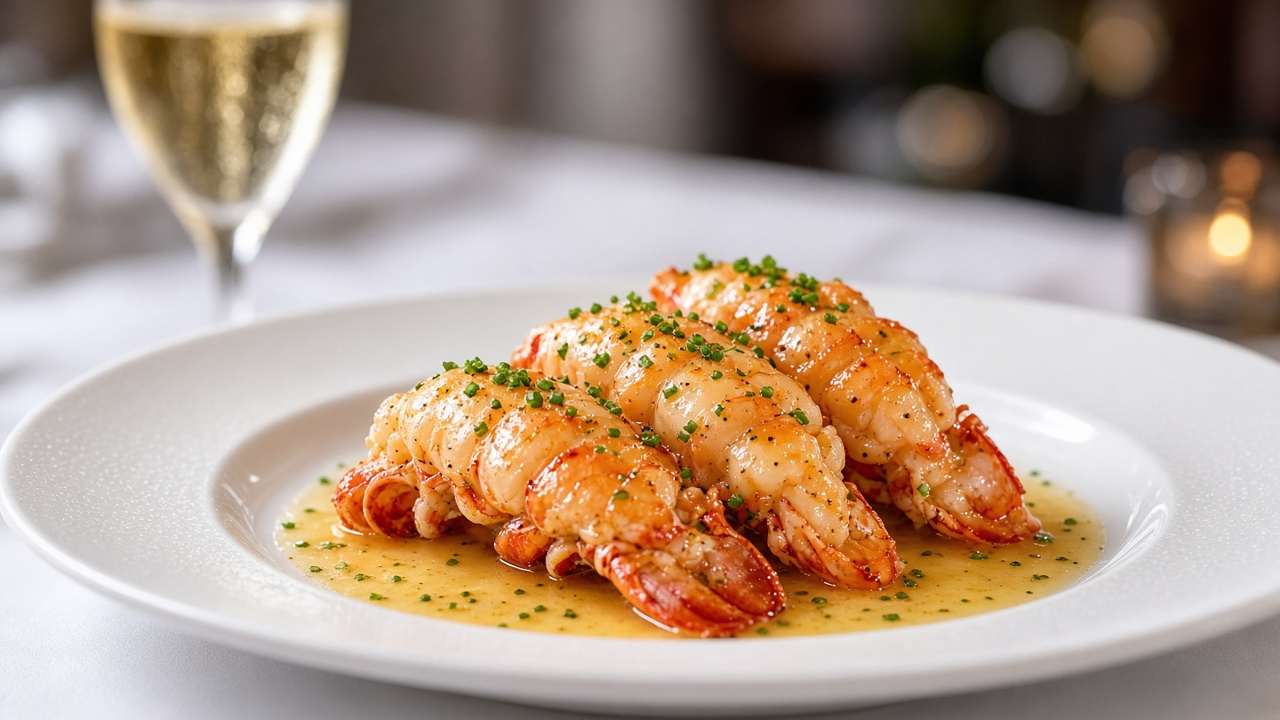 Butter-poached lobster tail with champagne beurre blanc on a white plate