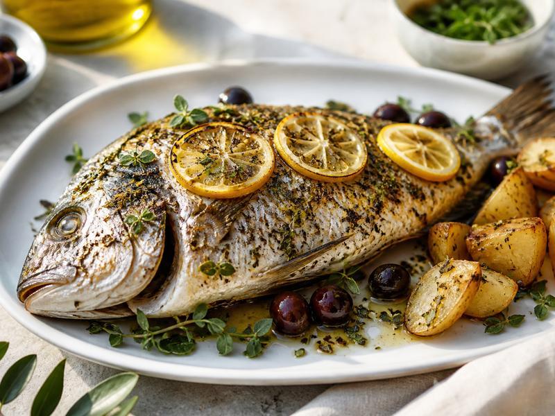 Whole grilled sea bream with lemon slices, olives and potatoes