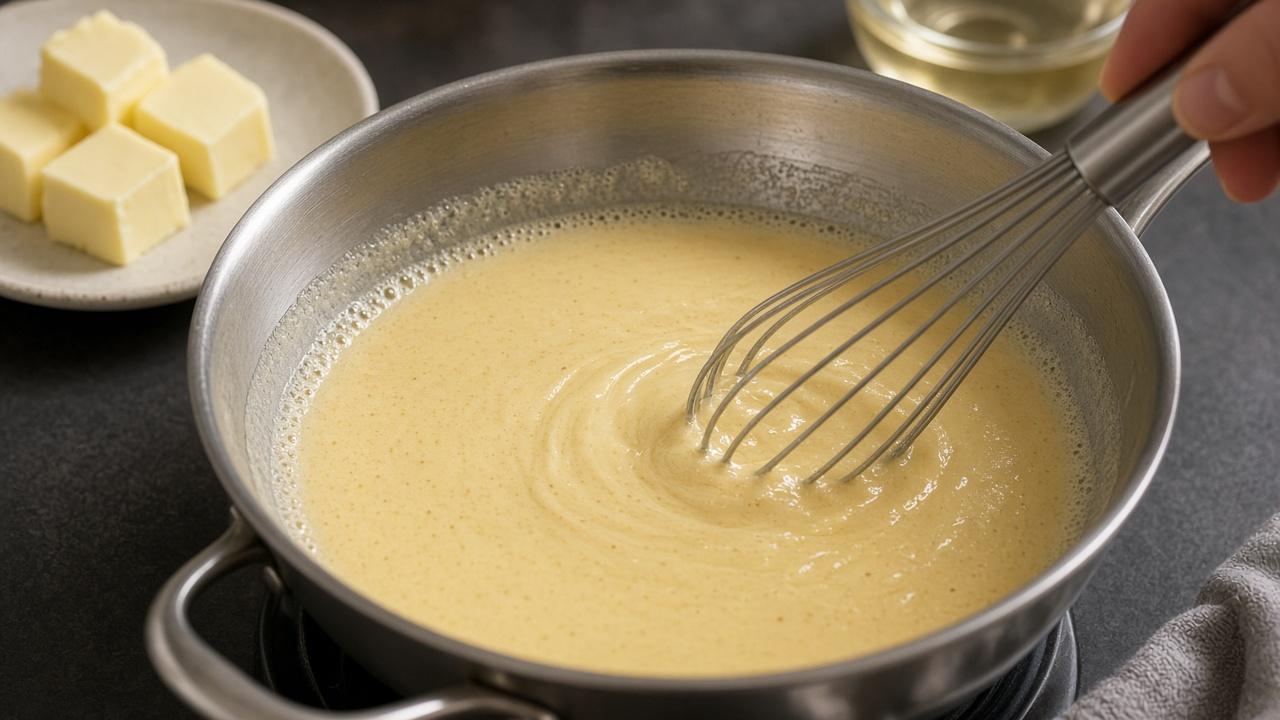 Whisking cold butter into Champagne beurre blanc