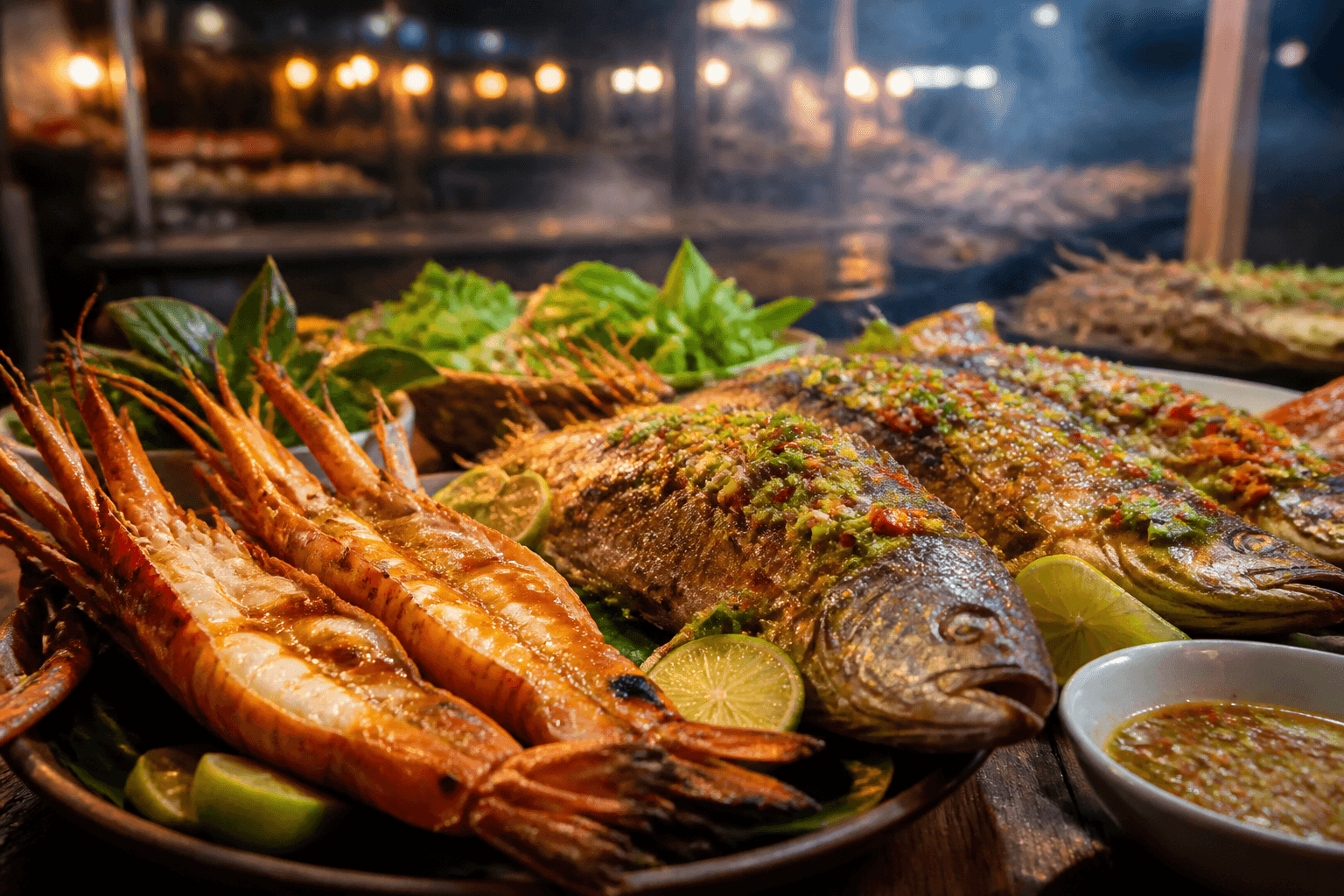Thai grilled prawns and whole fish with chili-lime herbs — FishRestaurants.com