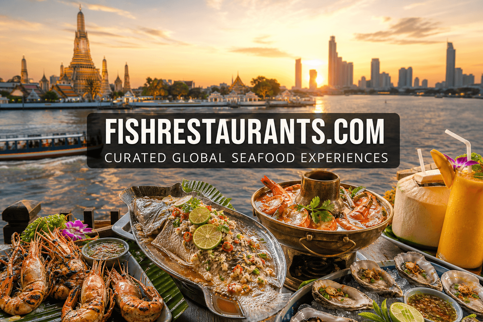Thai grilled prawns and steamed fish with Bangkok river skyline — FishRestaurants.com guide