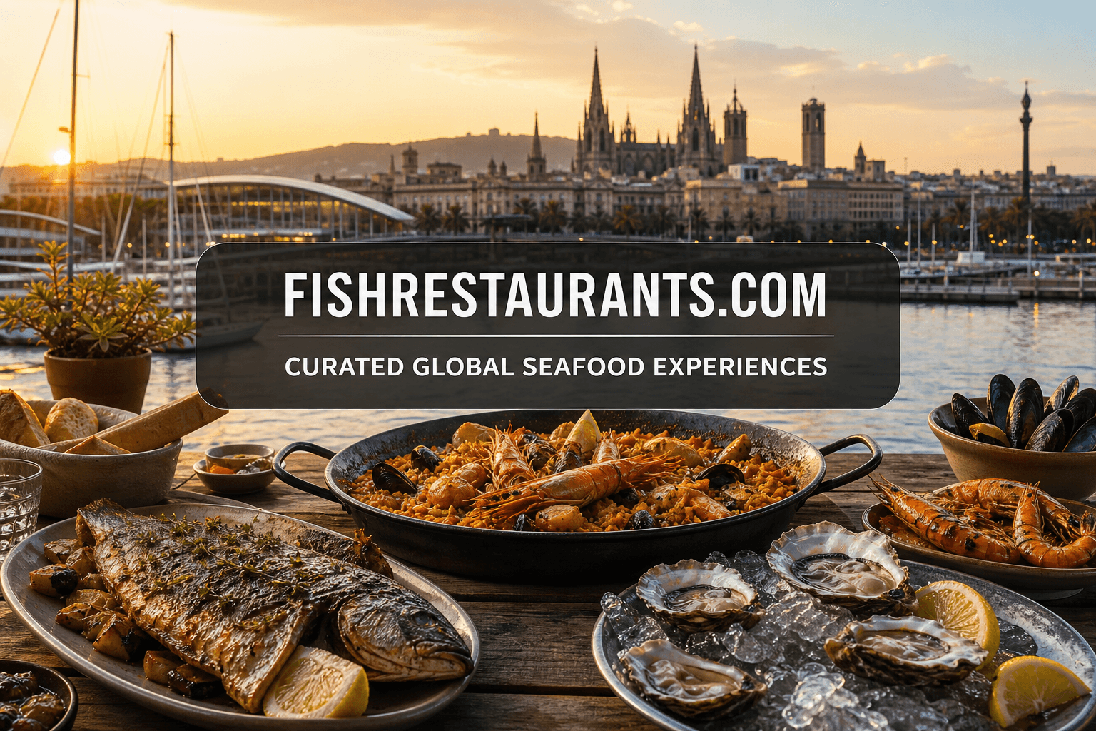 Seafood feast with Barcelona harbour at golden hour — FishRestaurants.com guide