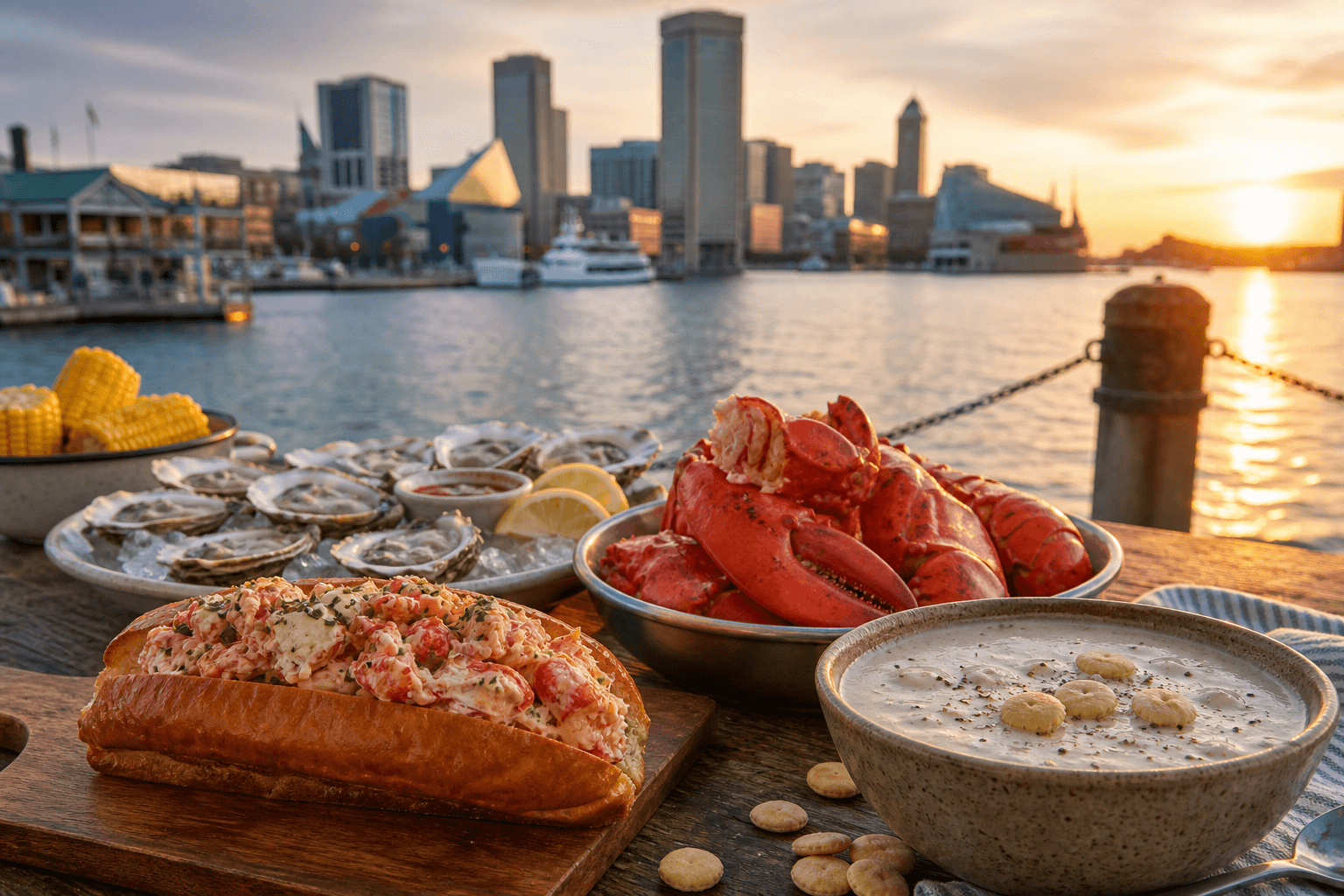 Boston lobster roll and harbour seafood