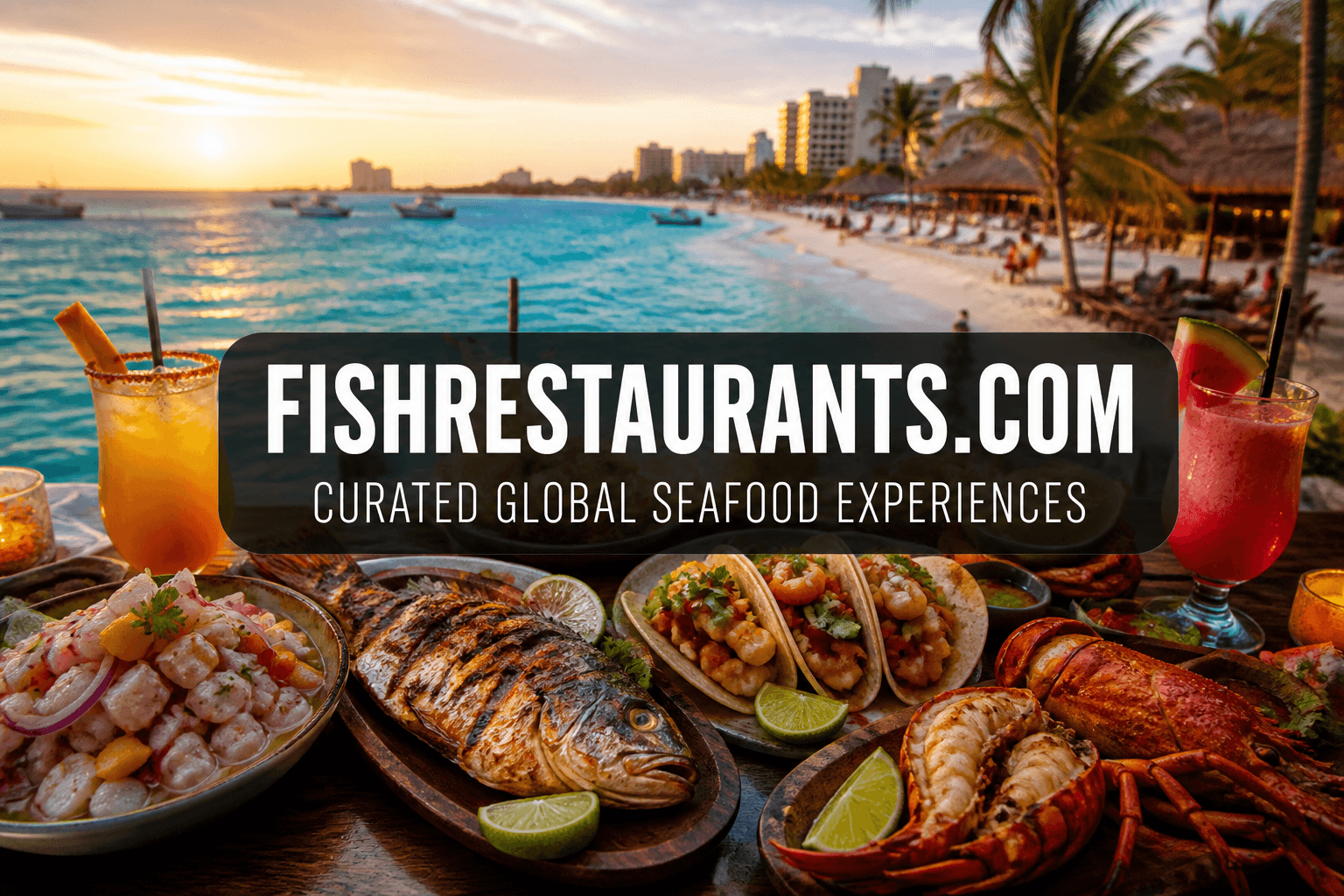 Ceviche and grilled fish with Cancun turquoise beach — FishRestaurants.com guide