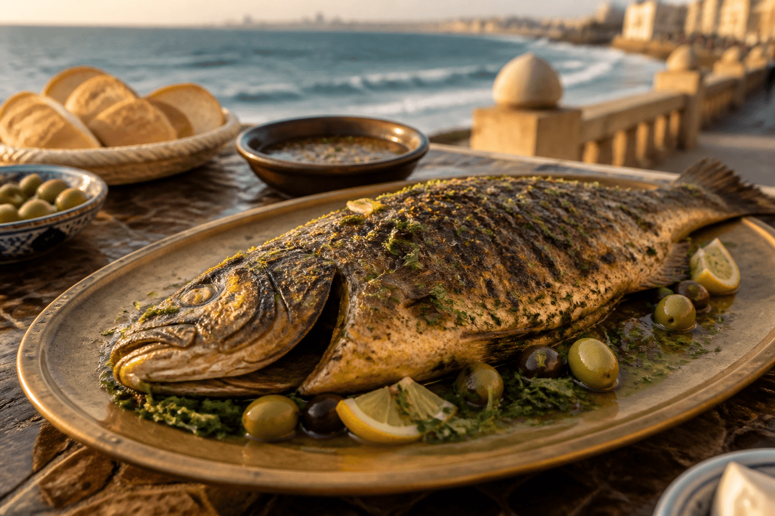 Whole grilled fish with chermoula on a Casablanca-style plate