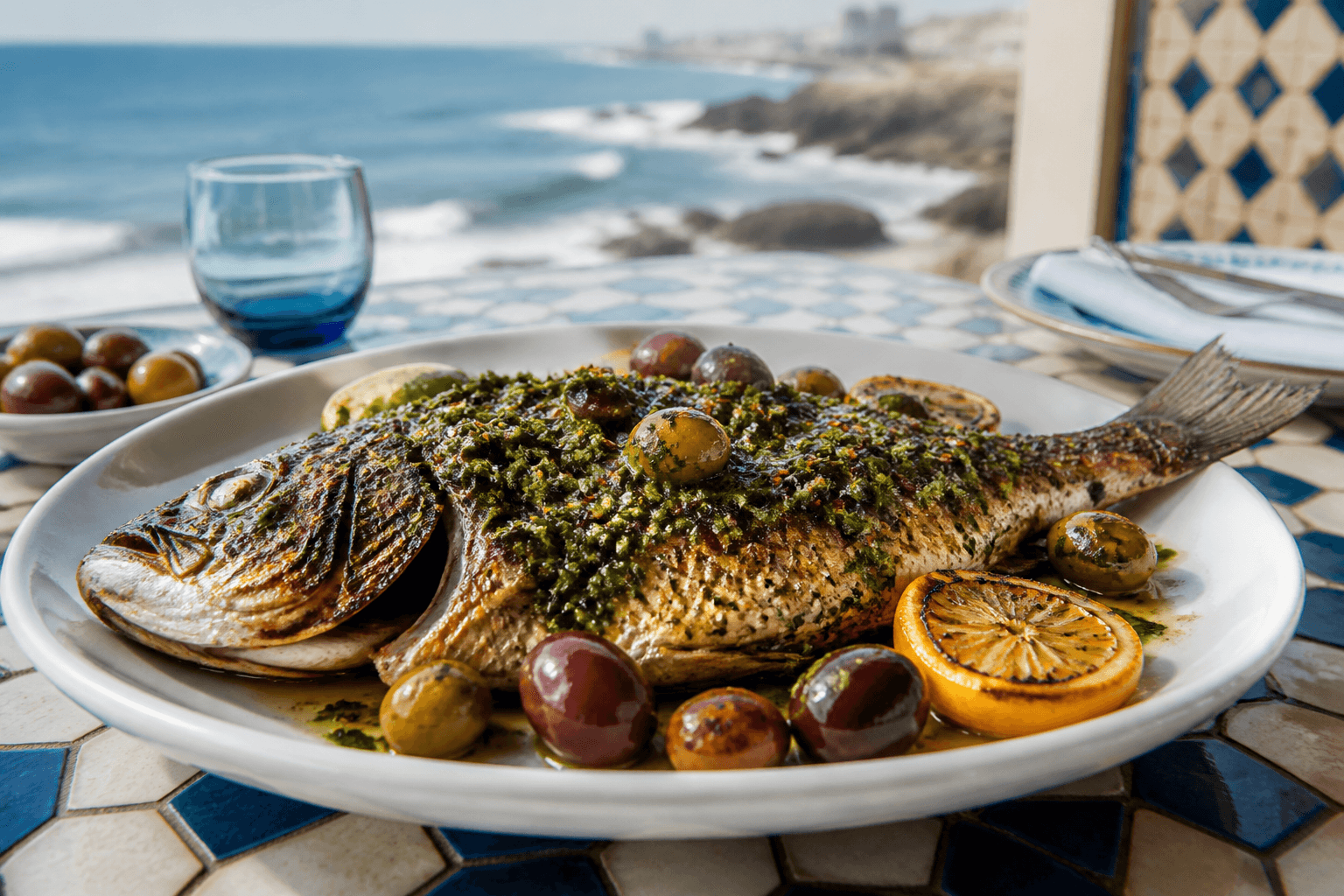 Casablanca grilled fish with chermoula, lemon, and olive oil — FishRestaurants.com