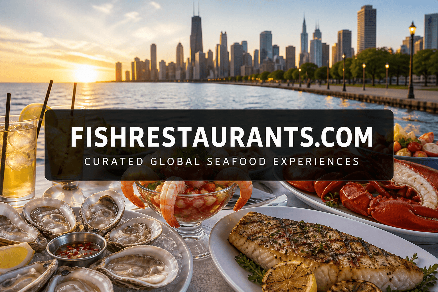 Oysters and seafood feast with Chicago skyline on Lake Michigan — FishRestaurants.com guide