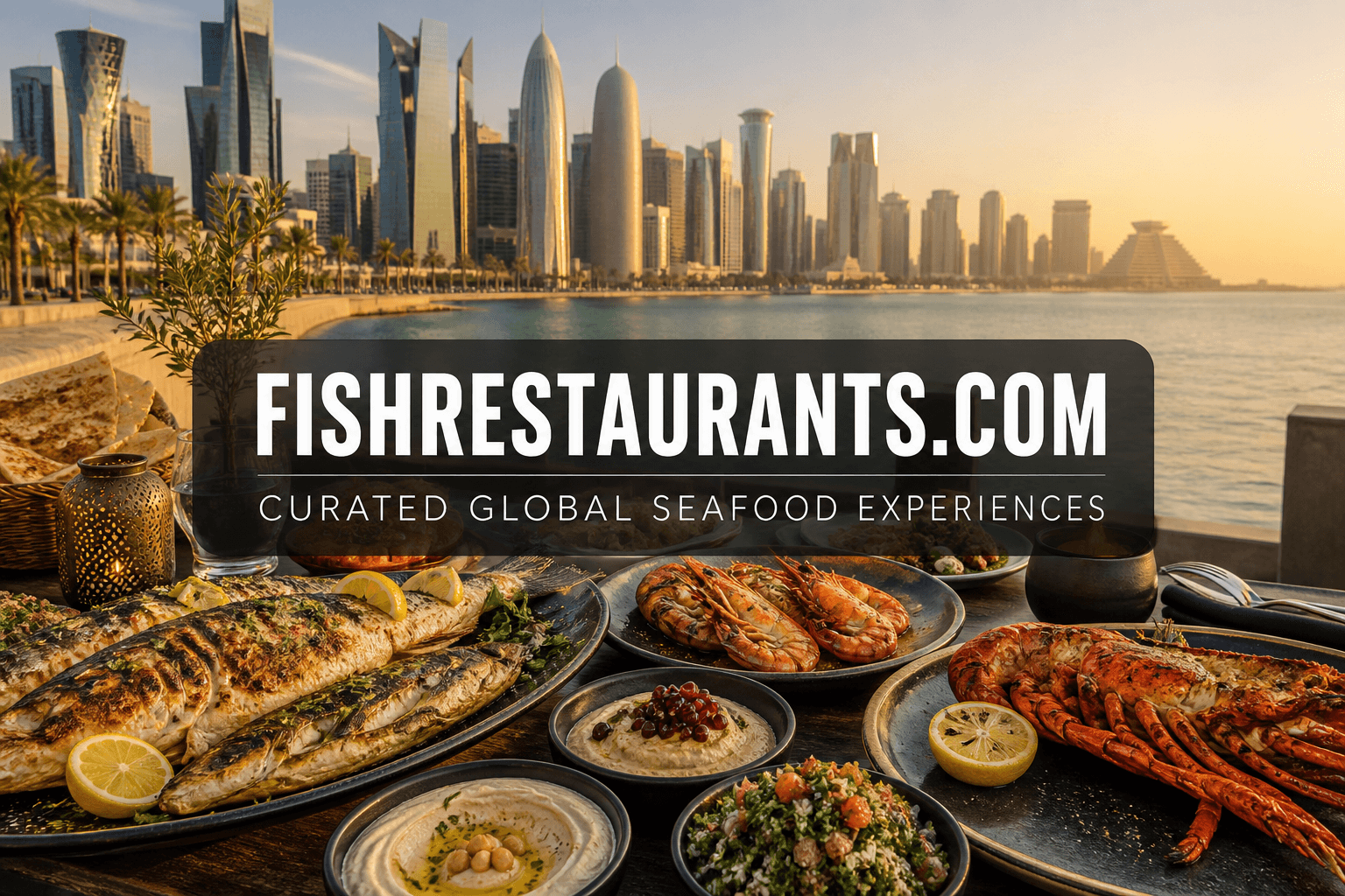 Gulf seafood feast with Doha Corniche skyline — FishRestaurants.com guide