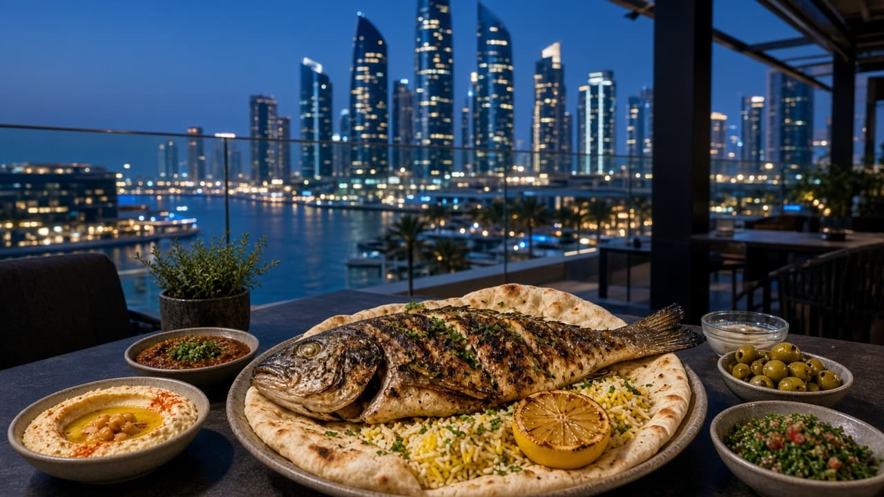 Dubai hammour business lunch — grilled fish with rice