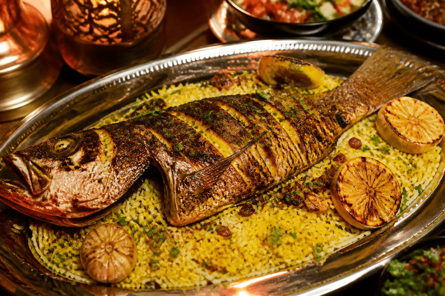 Grilled hammour with herbs and lemon — Dubai-style Gulf plate