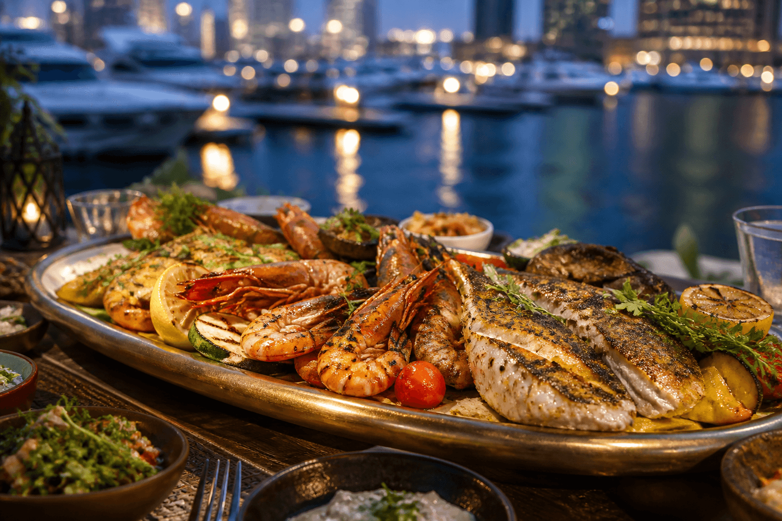 Dubai mixed seafood grill with prawns and fish