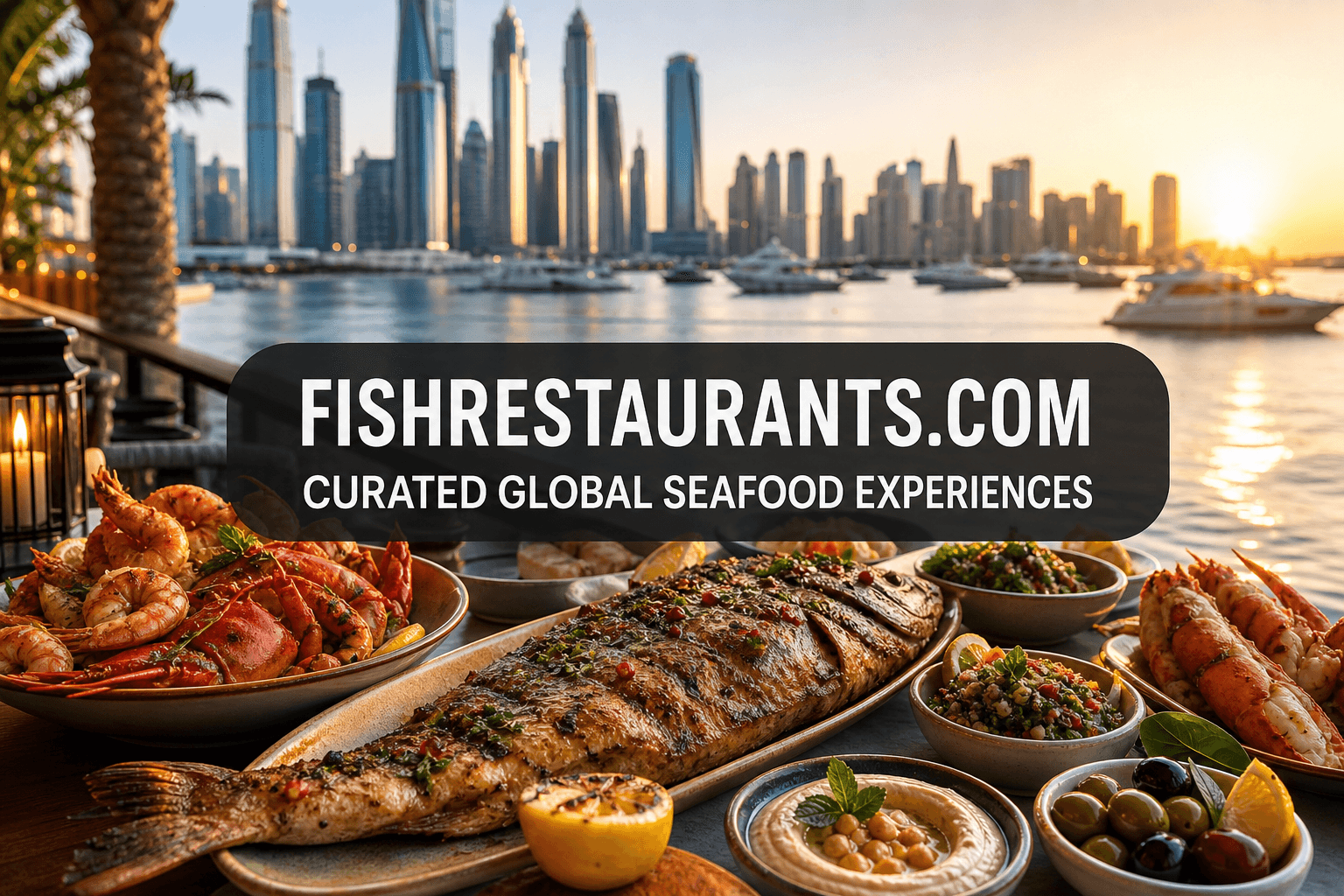 Gulf seafood feast with Dubai marina skyline — FishRestaurants.com guide