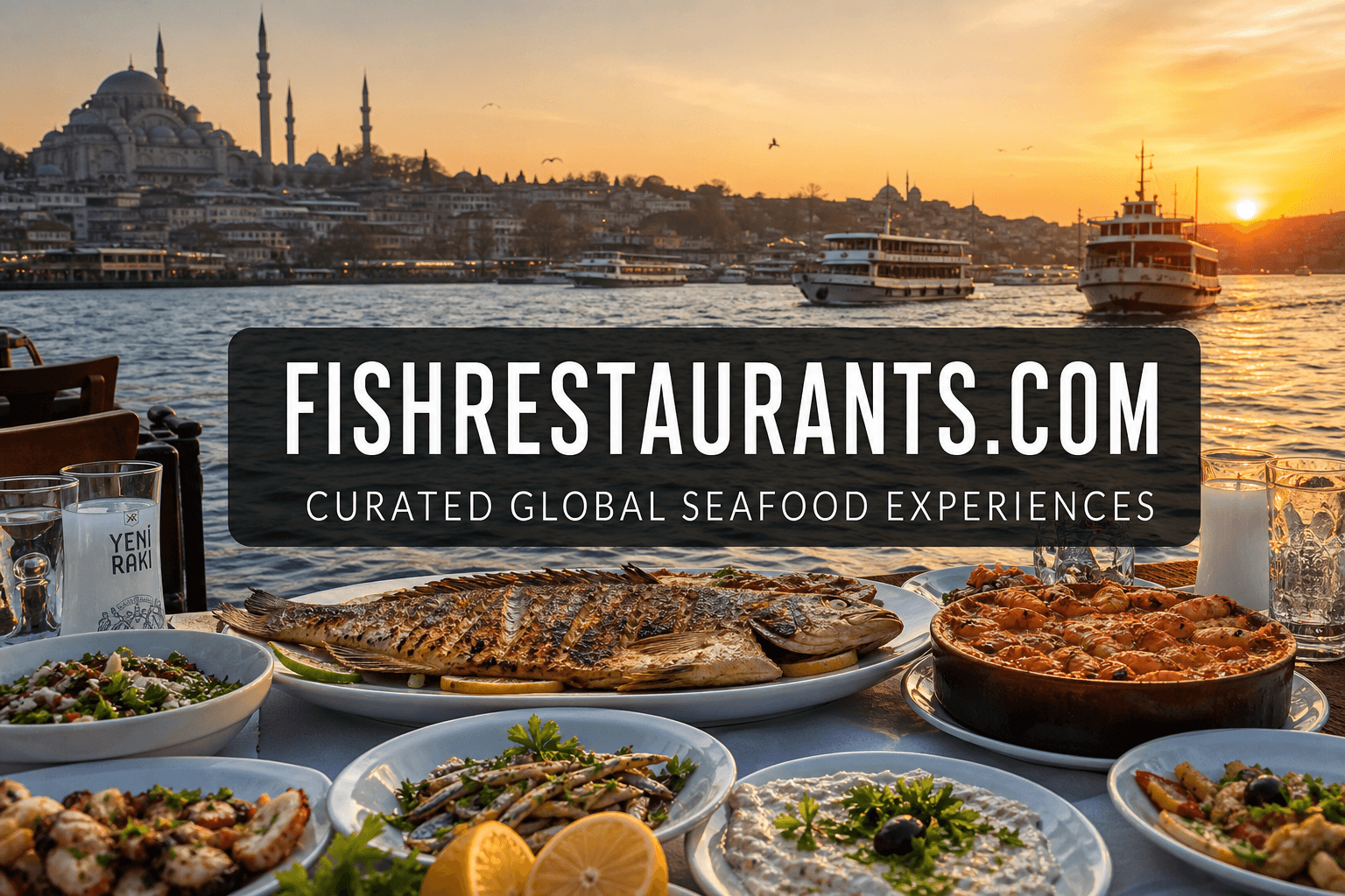 Turkish fish and meze table on the Bosphorus at sunset — FishRestaurants.com Istanbul guide