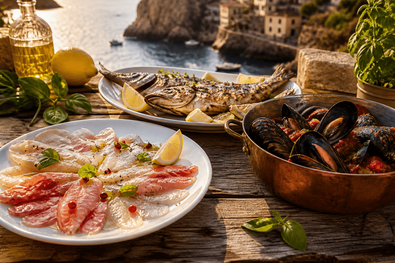 Italian seafood with grilled branzino, mussels, and lemon — FishRestaurants.com