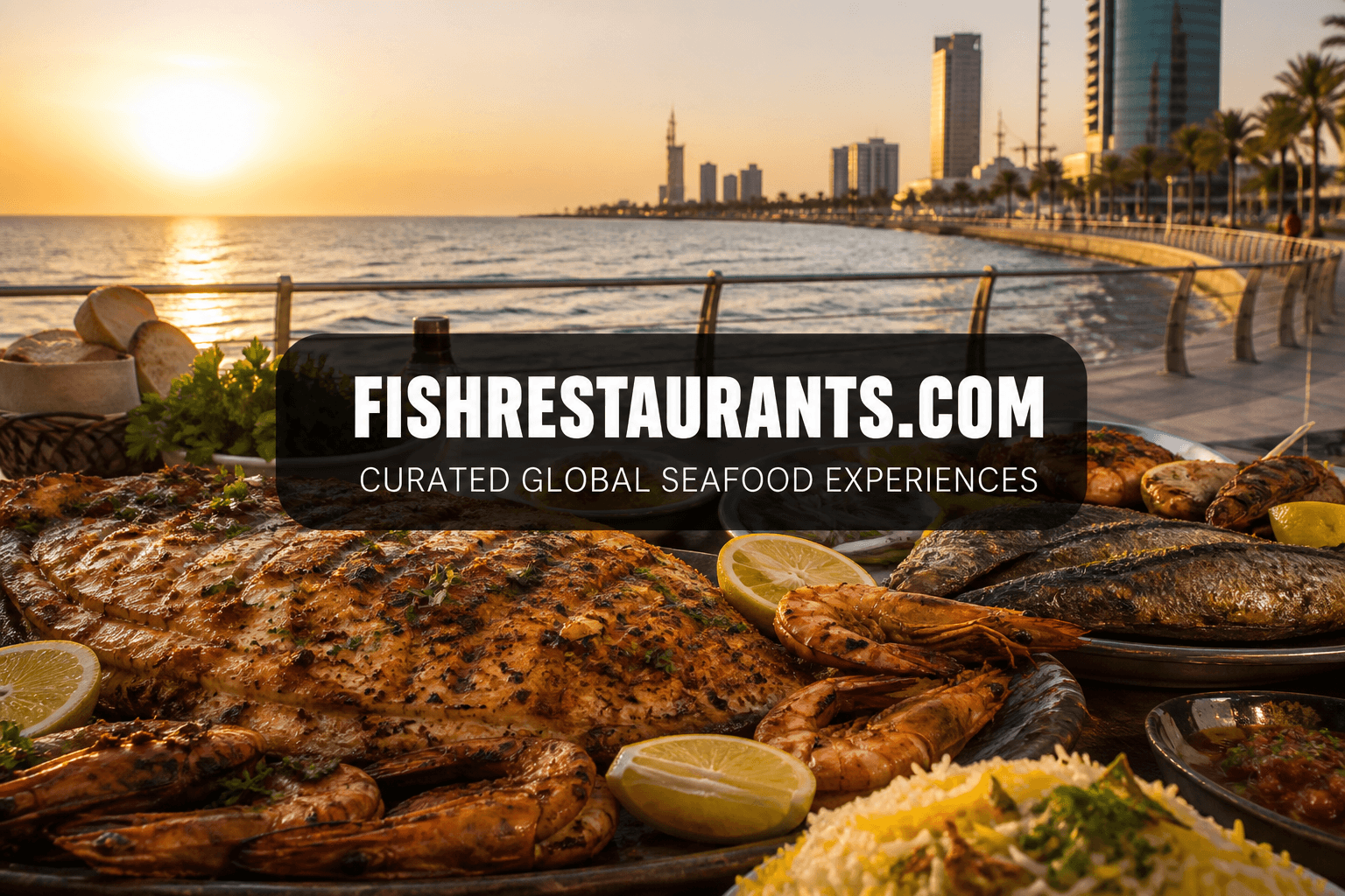 Grilled Red Sea fish and shrimp with Jeddah corniche at sunset — FishRestaurants.com guide