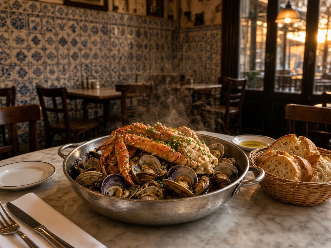 Marisqueira table — steaming crab and clams in Lisbon