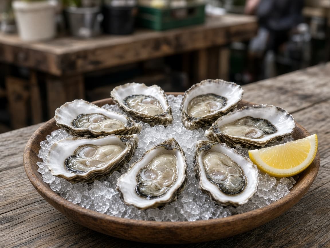 Borough Market style — native oysters on ice at lunch