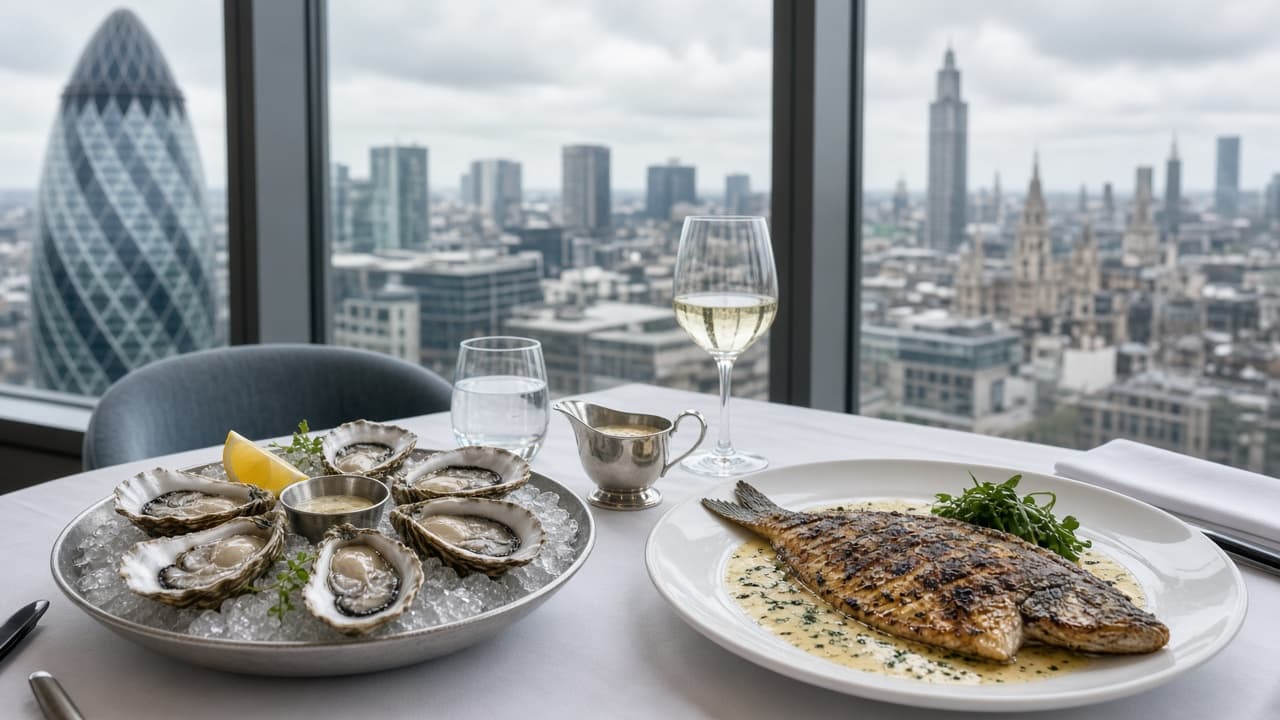 City of London seafood lunch — oysters and sole with the skyline