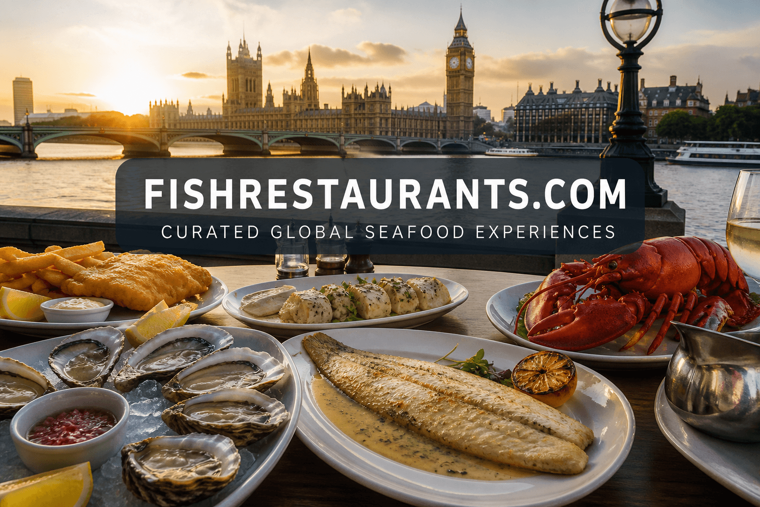 Oysters, Dover sole, lobster and fish and chips with London skyline — FishRestaurants.com London seafood picks