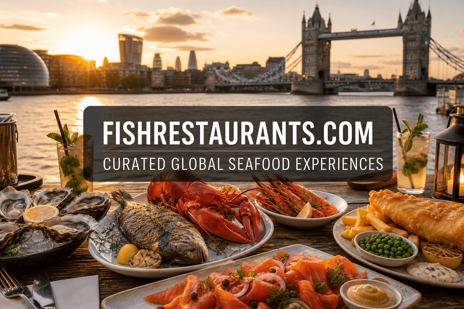 Seafood feast with London skyline and Tower Bridge at golden hour — FishRestaurants.com London guide