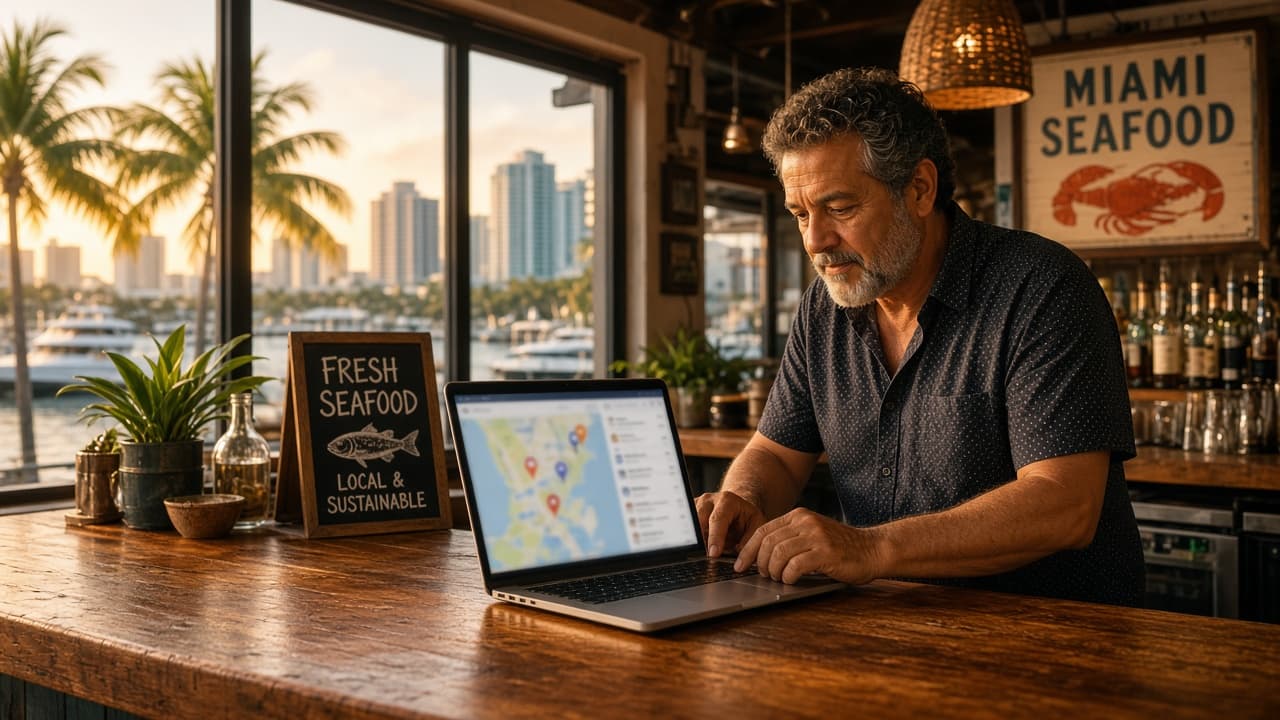 Seafood restaurant owner reviewing online listings at a Miami waterfront bar