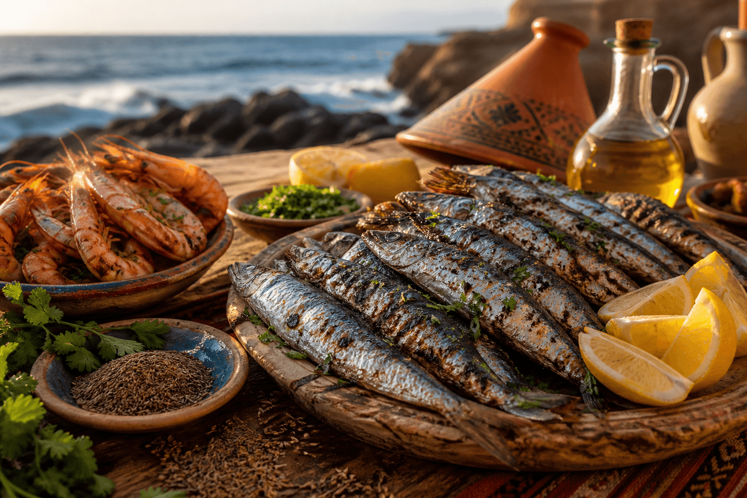 Moroccan Atlantic seafood with grilled sardines, prawns, and citrus — FishRestaurants.com