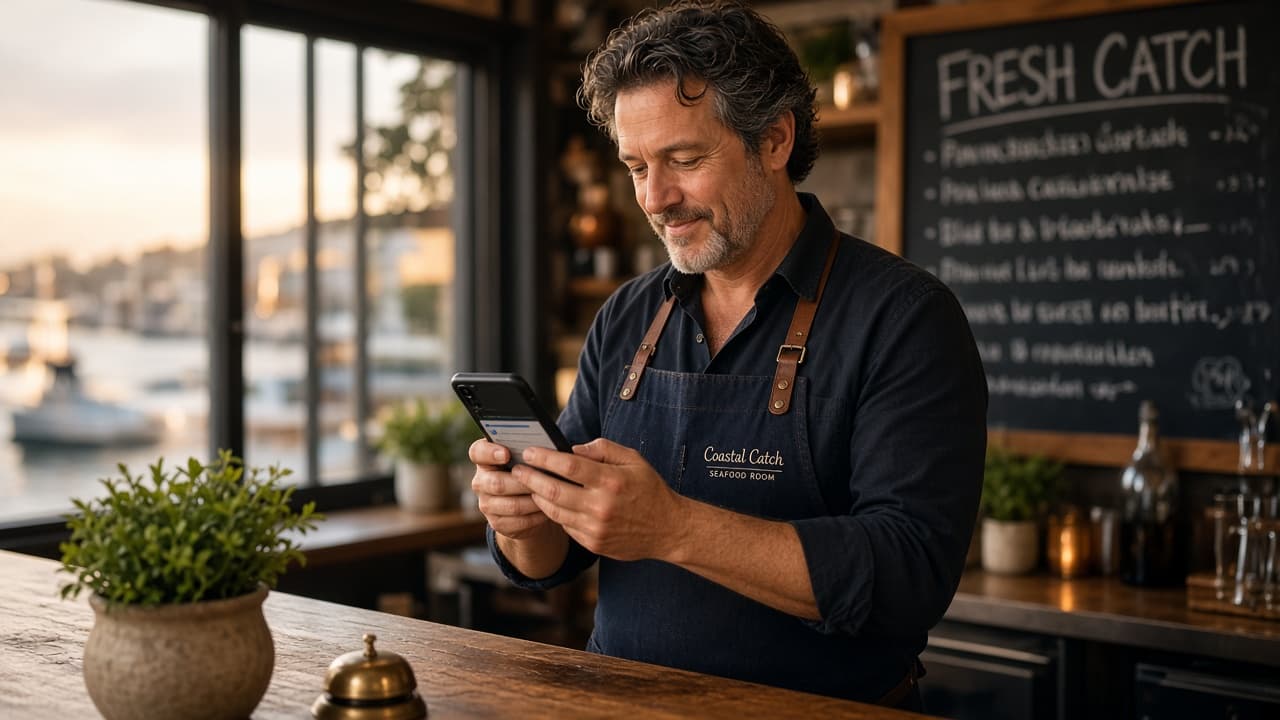 Restaurant owner reviewing Google Business Profile at a seafood host stand