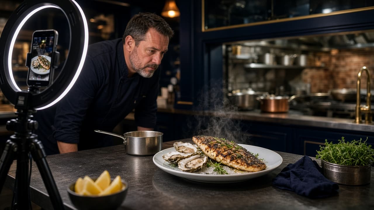 Chef plating fish and oysters for social media at a seafood bistro