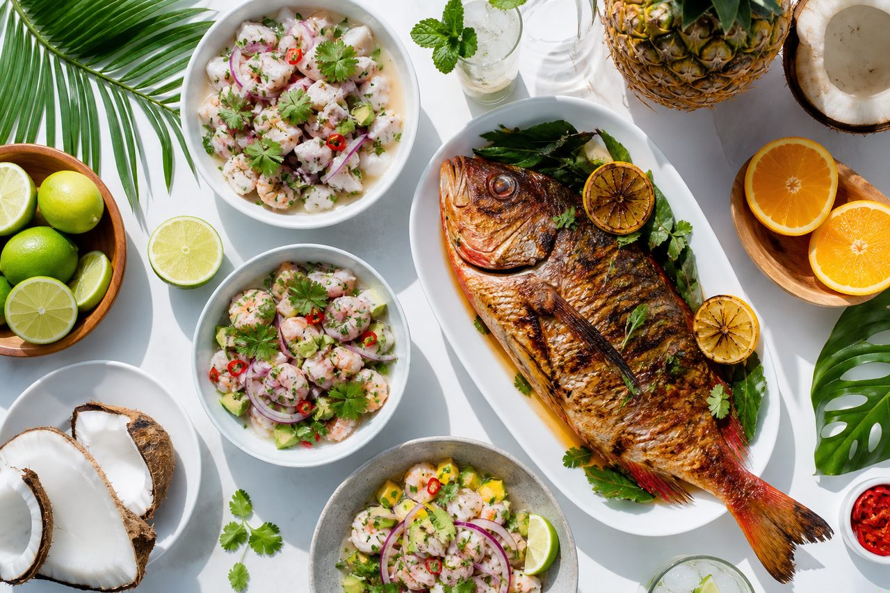 Overhead Miami seafood spread with ceviche, grilled snapper, and citrus