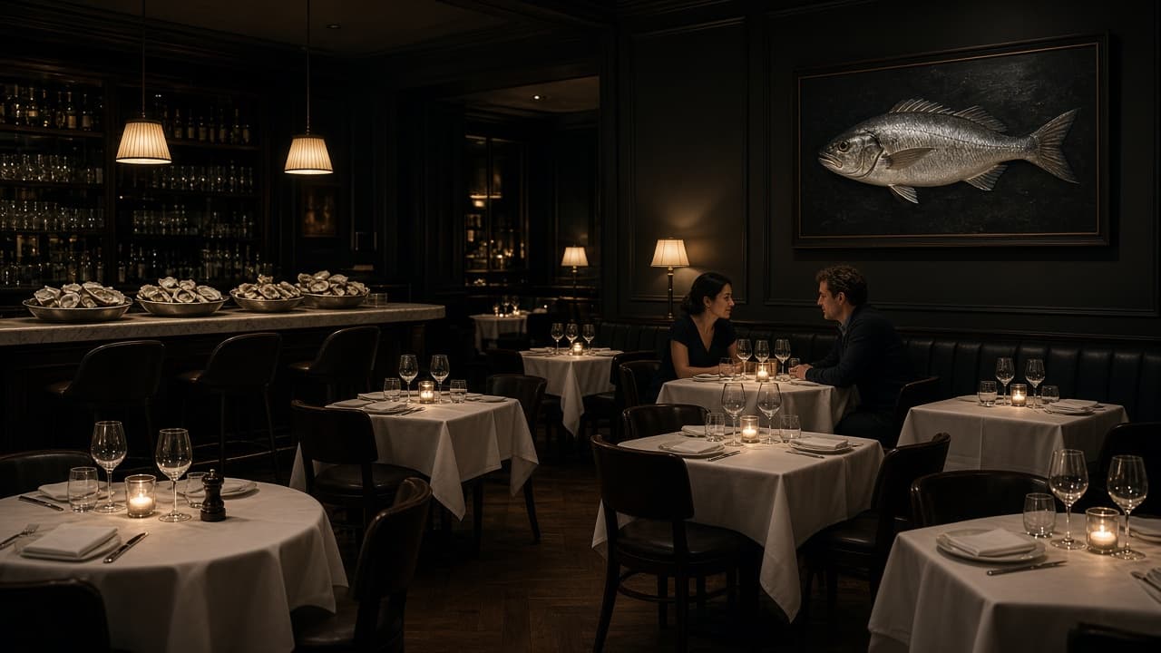 A dressed seafood dining room with empty tables and two covers in the corner