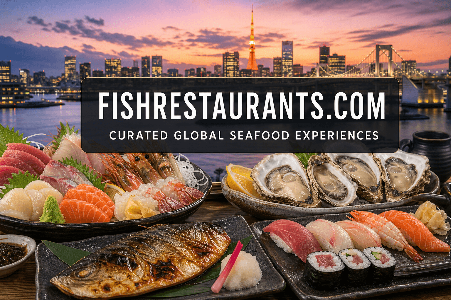 Sashimi and sushi spread with Tokyo bay skyline — FishRestaurants.com guide
