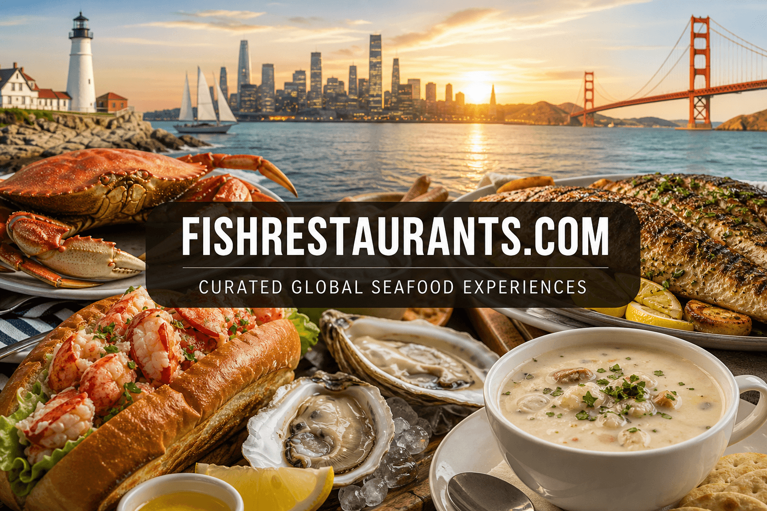 American seafood feast with lobster roll, oysters, chowder and crab — FishRestaurants.com USA guide