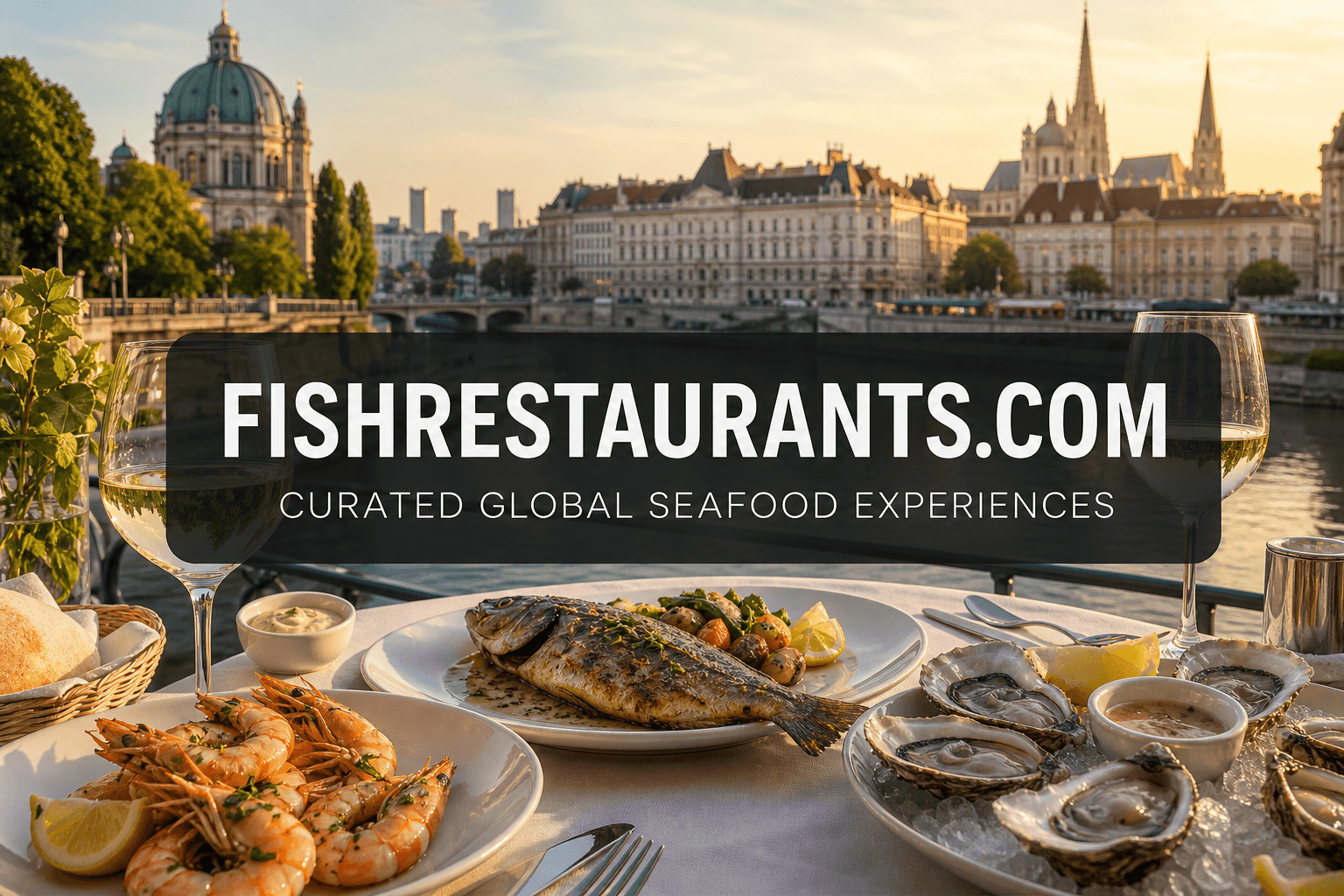 Elegant seafood platter with Vienna skyline at golden hour — FishRestaurants.com guide