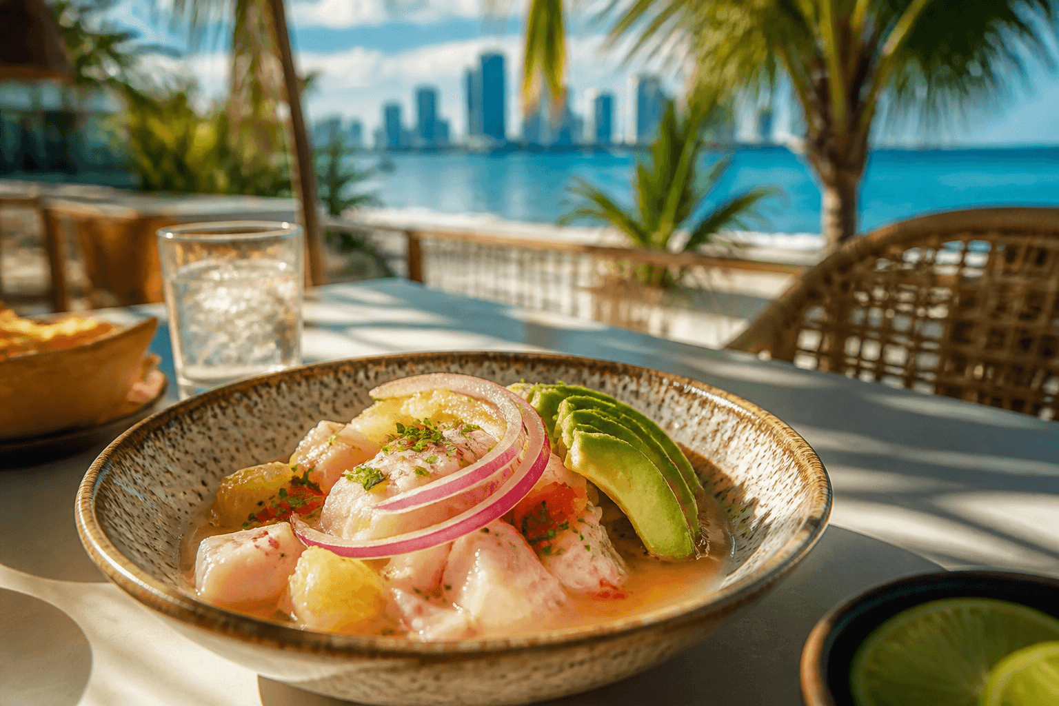 Miami-style citrus ceviche with avocado — tropical seafood dining