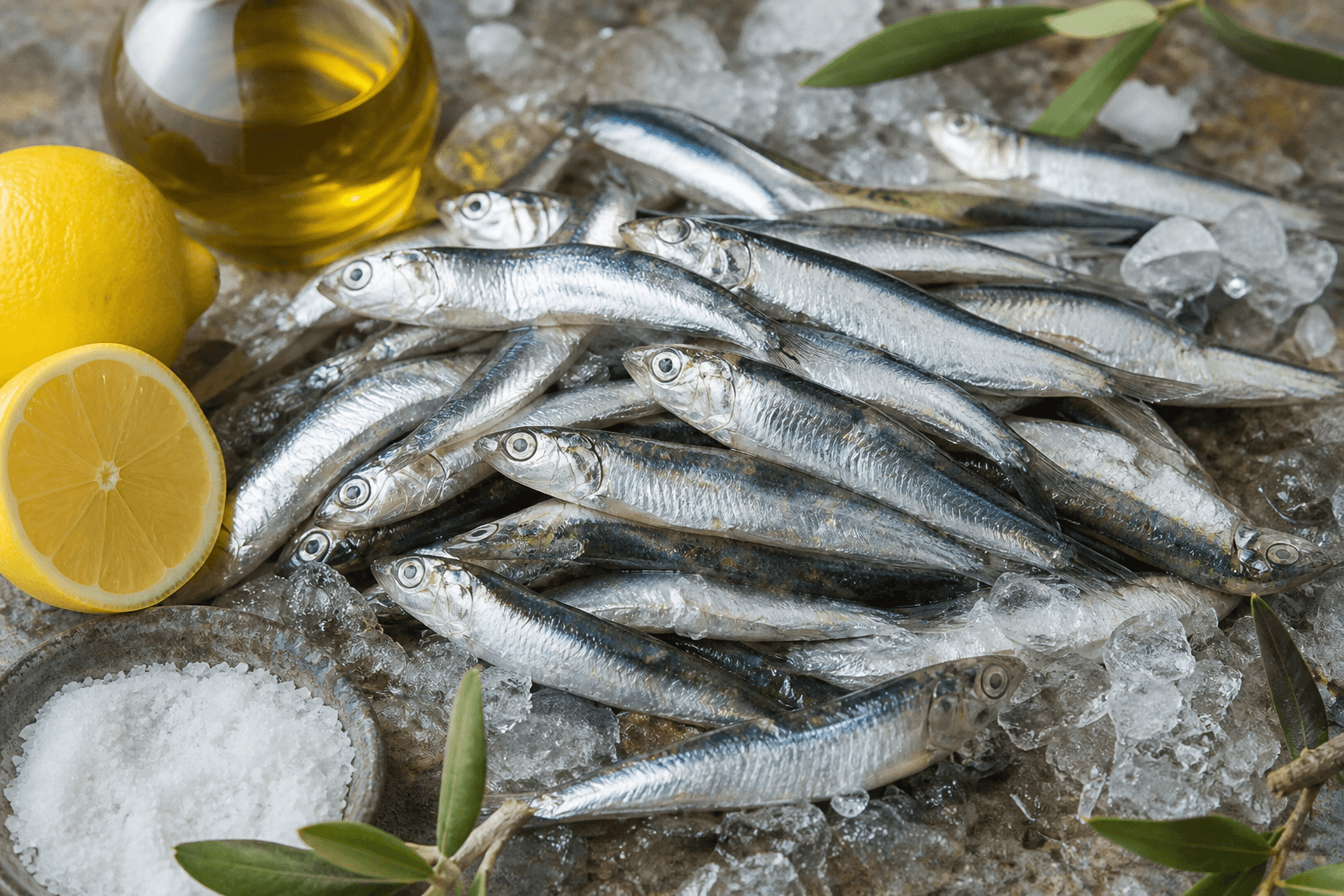 Fresh silvery anchovies on ice with lemon, olive oil, and sea salt