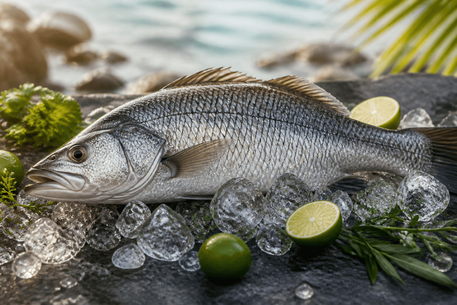 Whole fresh barramundi with lime and herbs on ice