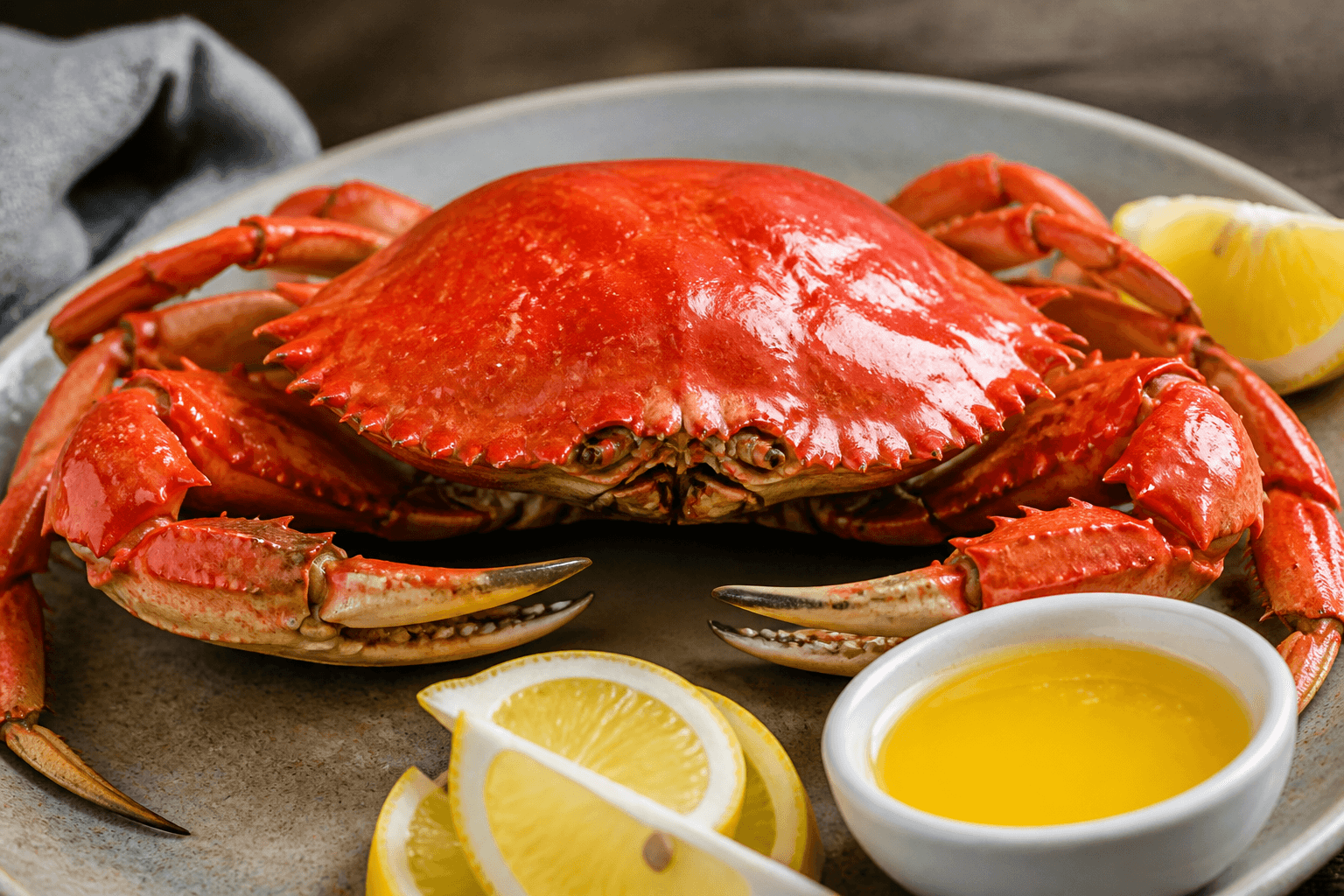 Whole cooked crab with lemon and drawn butter