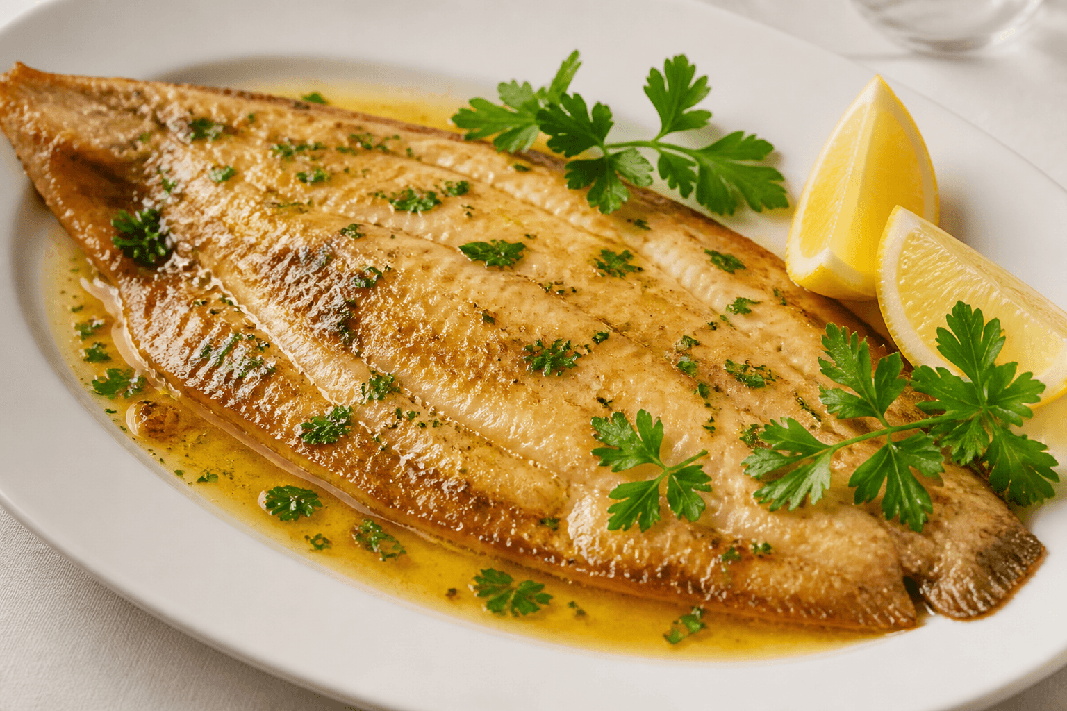 Whole Dover sole prepared meunière with lemon and butter