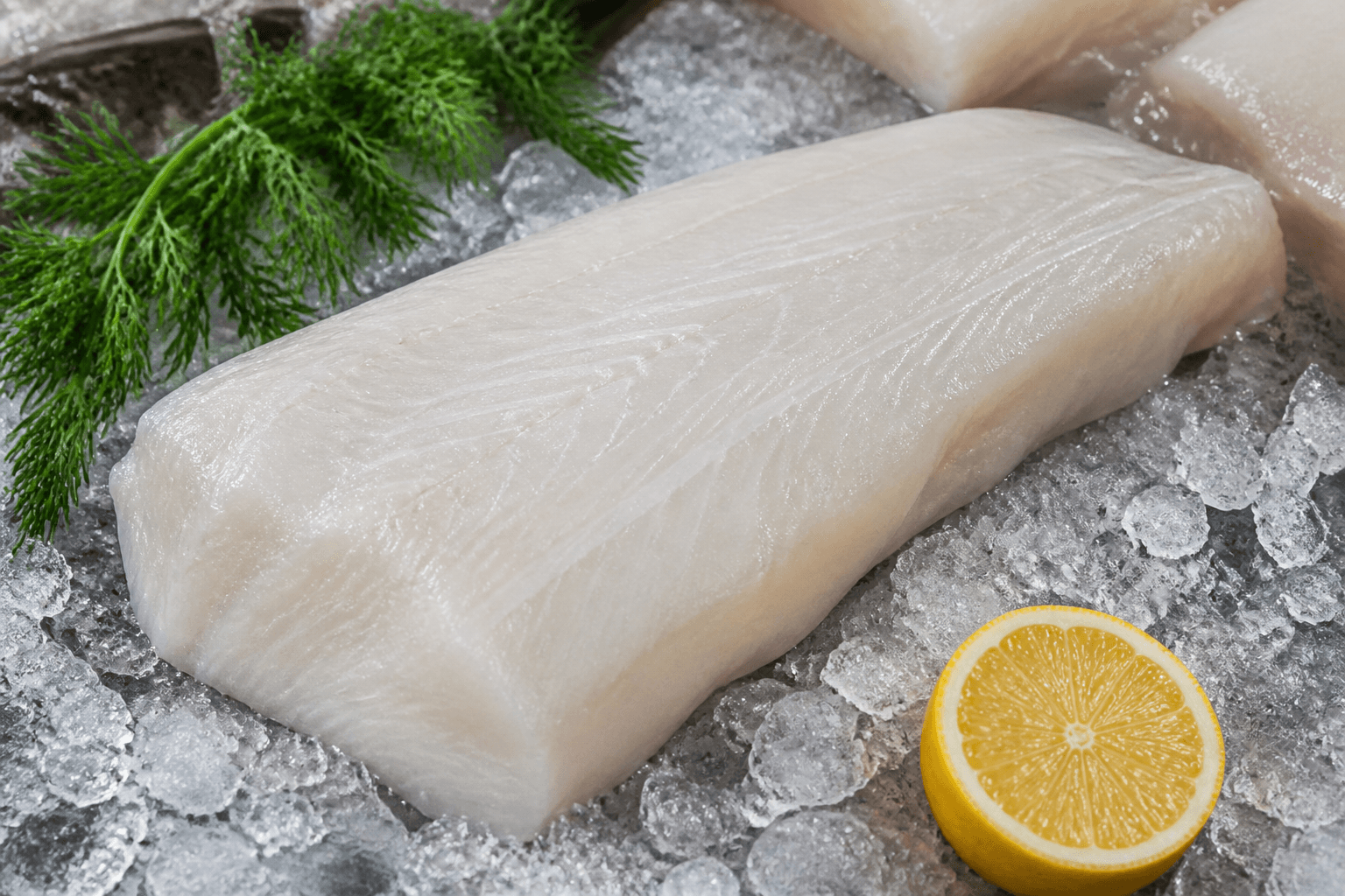 Thick white halibut fillet on crushed ice with lemon and dill