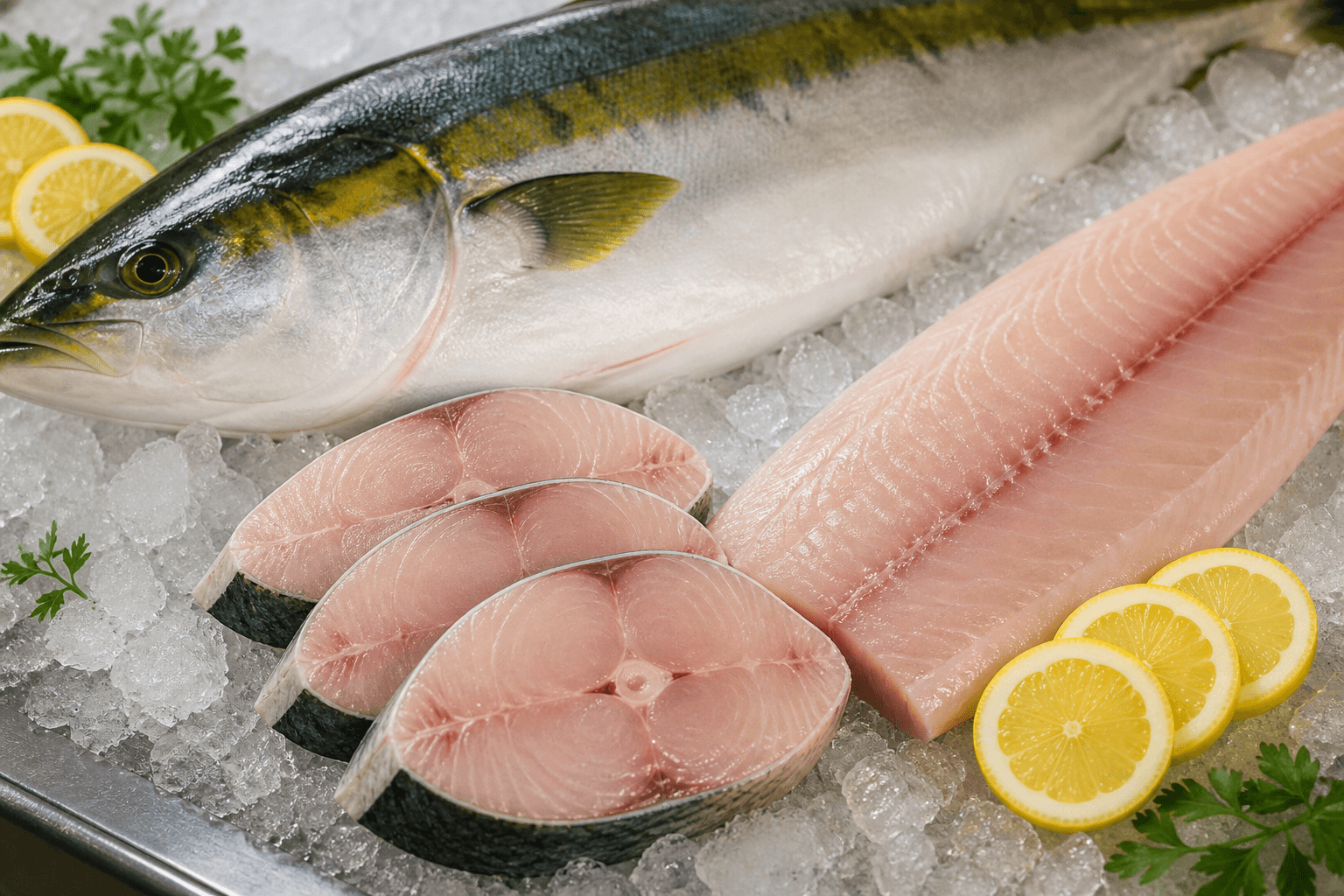 Fresh yellowtail kingfish fillet on ice with lemon