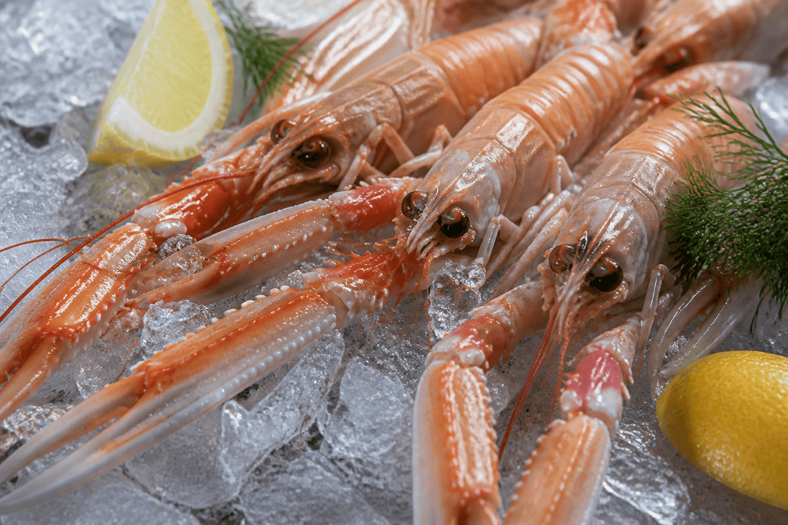 Fresh langoustines on crushed ice with lemon and herbs