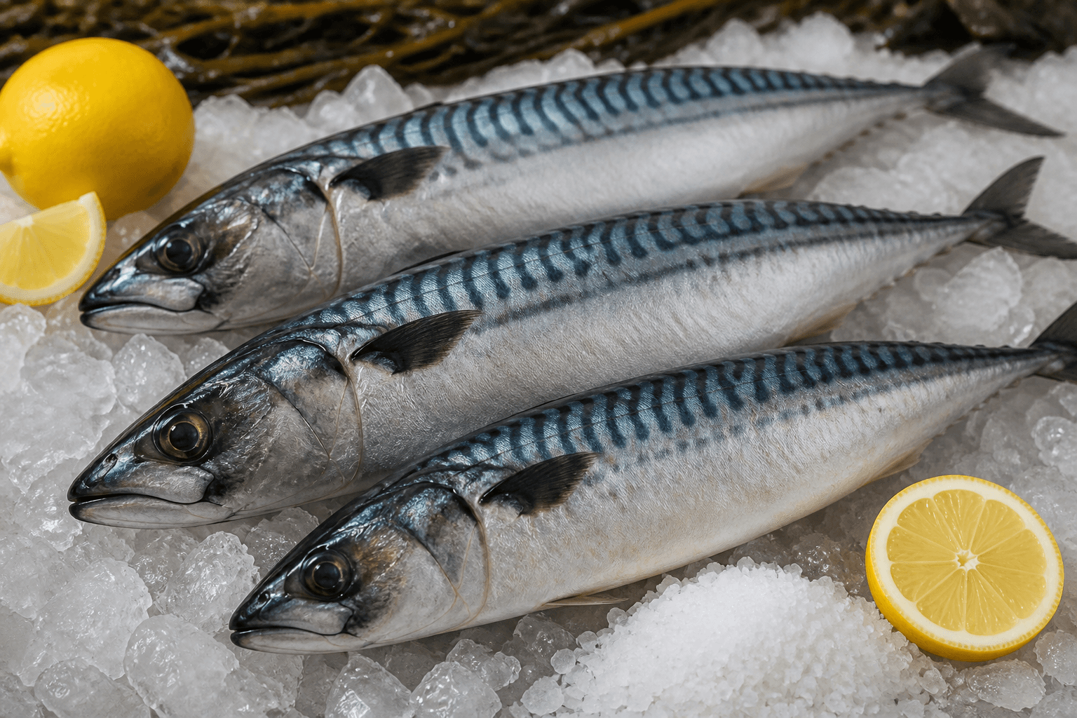 Fresh whole Atlantic mackerel with lemon and sea salt