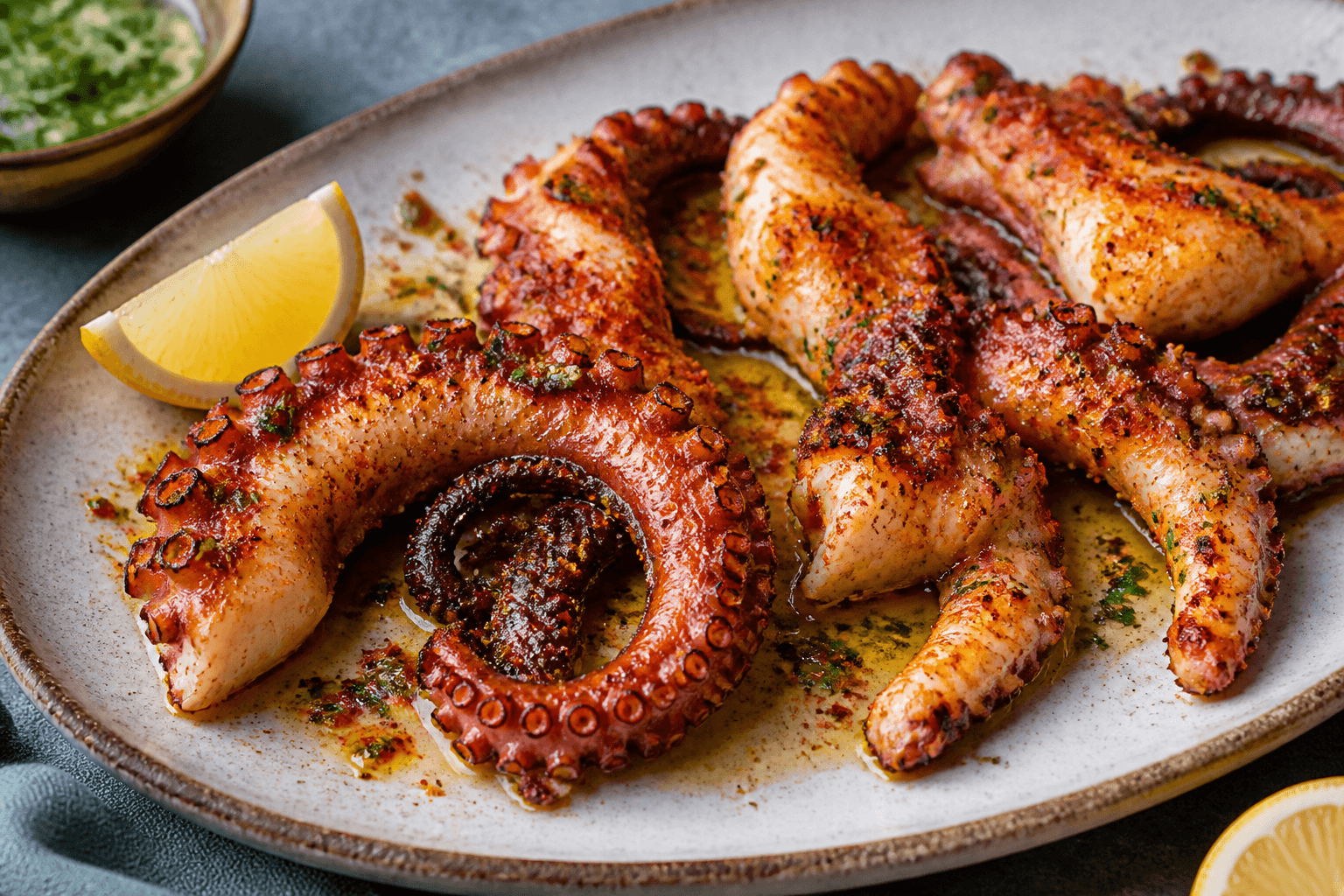 Grilled octopus with olive oil, paprika, and lemon