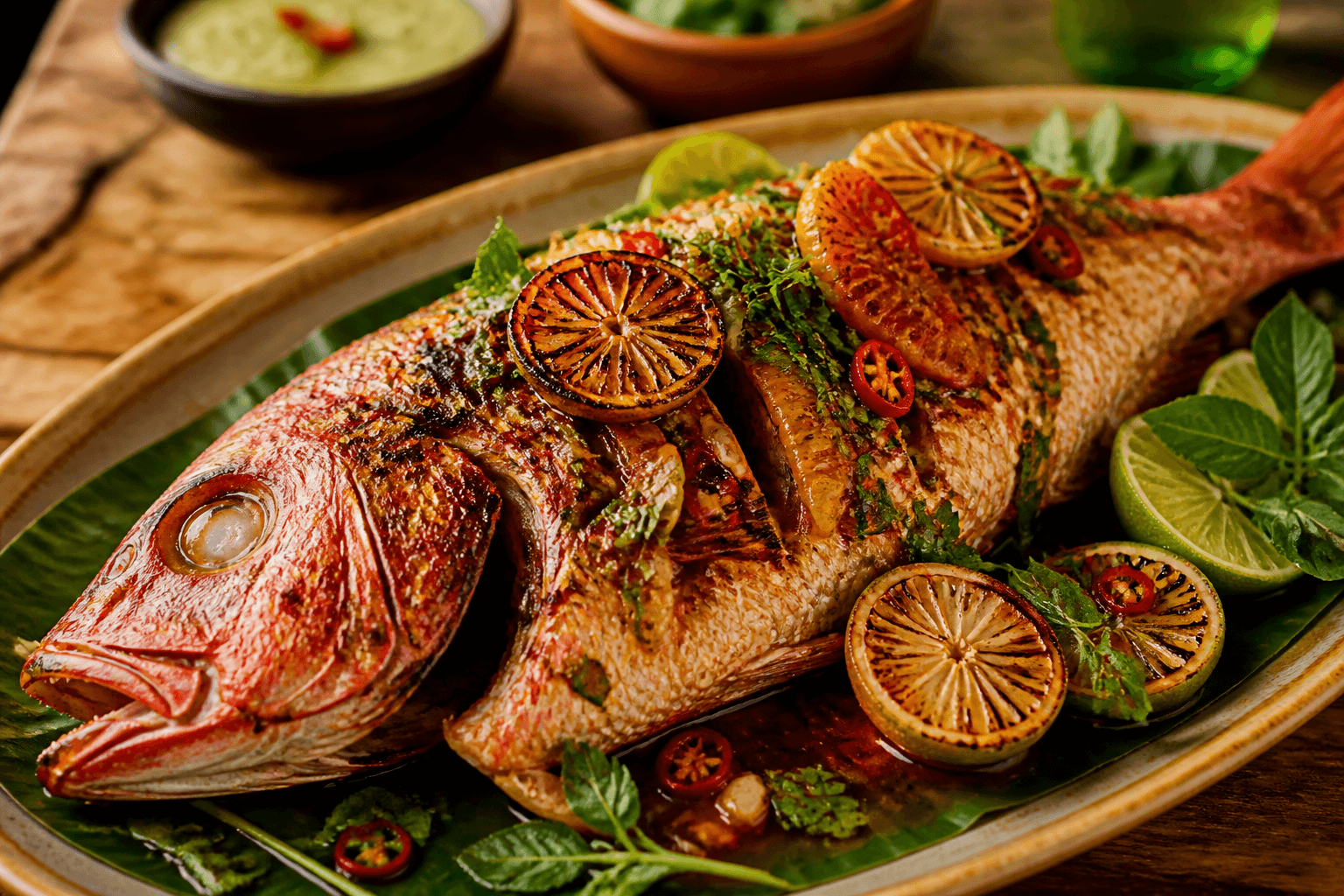 Whole red snapper grilled with citrus, chili, and herbs
