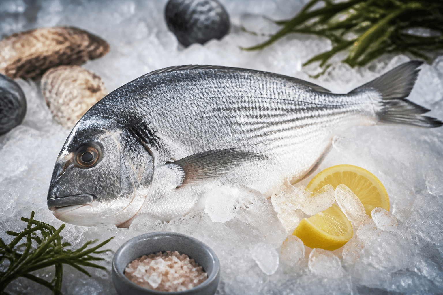 Fresh whole sea bream dorade on ice with lemon and sea salt