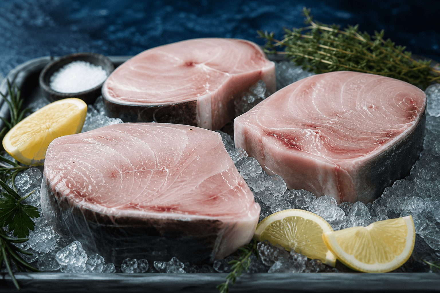 Thick swordfish steaks on crushed ice with lemon and herbs