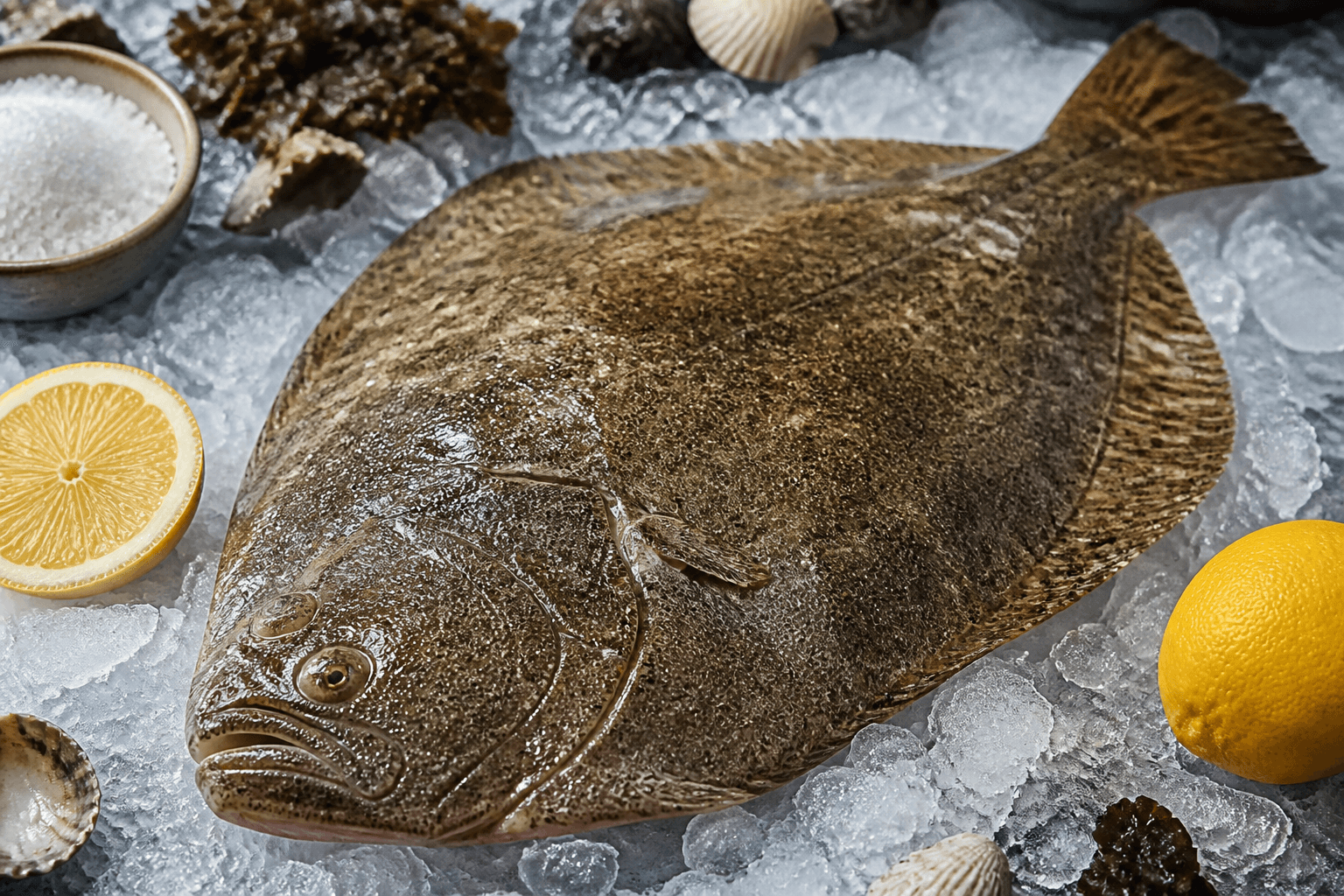 Fresh whole turbot on crushed ice with lemon and sea salt