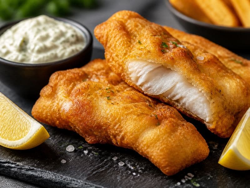Battered fish fillets with tartare sauce and lemon