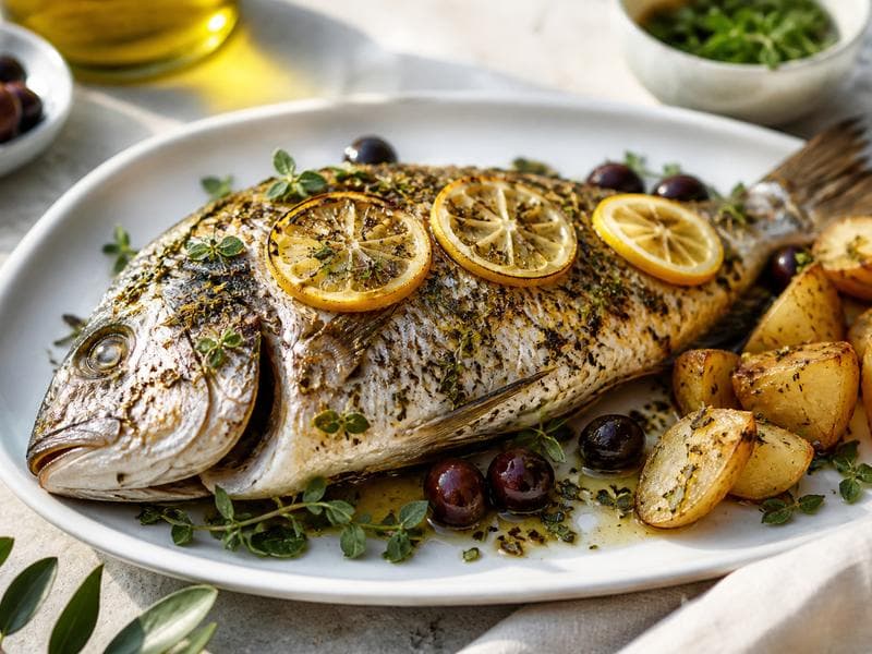 Whole grilled sea bream with lemon slices, olives and potatoes