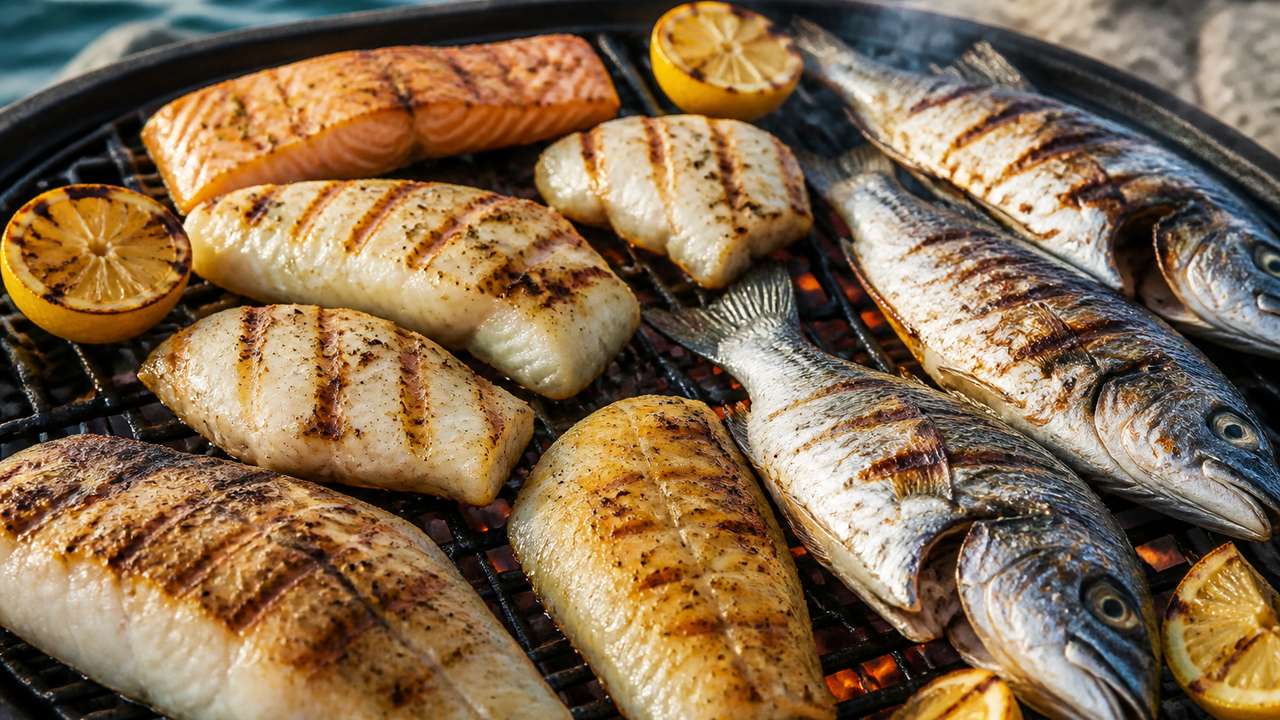 Grilled fish fillets, whole fish and charred lemons on a charcoal grill